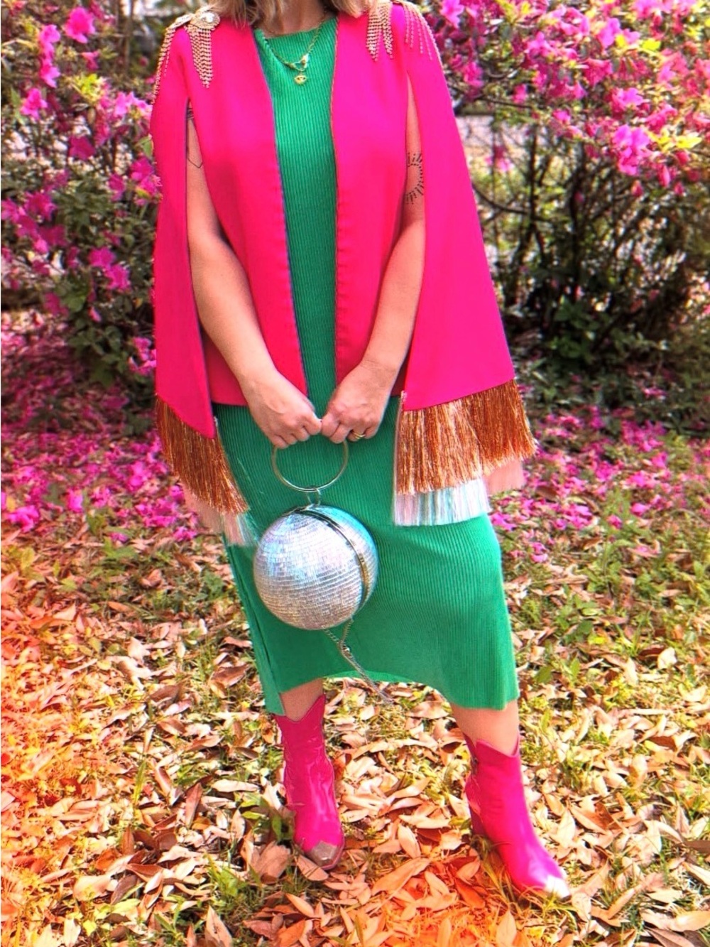 Cosmic Collective Blazer cape in green w/pink fringe - Picture 11 of 11